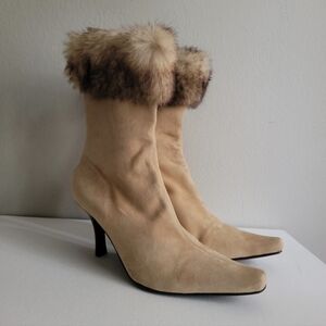 Arturo Chiang Beige Suede Fur Trim Boots - Narrow Fit